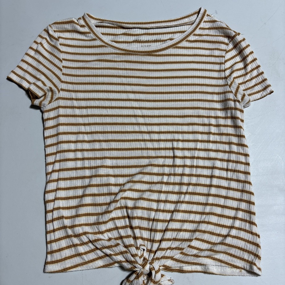 American Eagle Tie Front Ribbed Striped Short Sleeve Top Womens XS White Orange